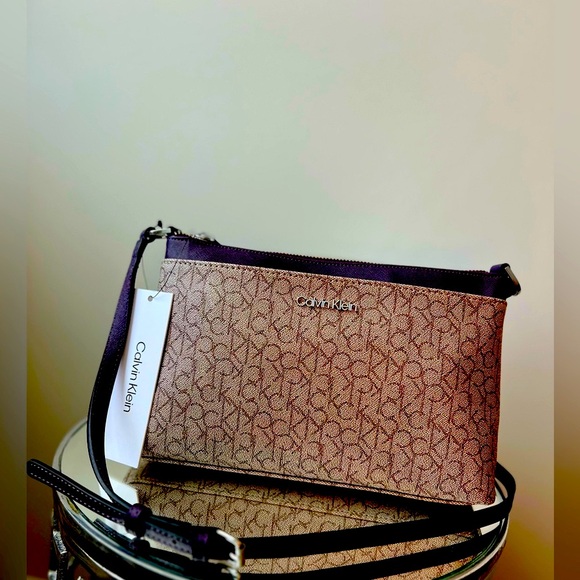 NWT!!! Calvin Klein Logo Crossbody Purse in this Almond and Plum color. - Picture 1 of 10
